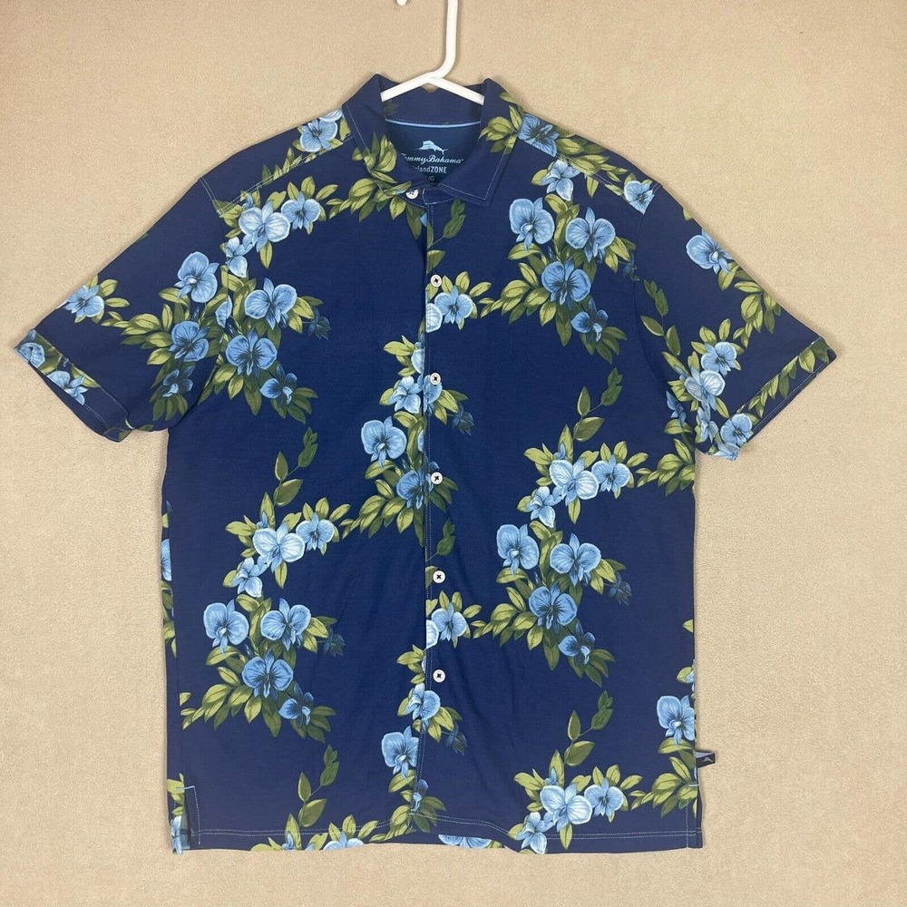 Tommy Bahama Shirt Adult Large Blue Hawaiian Floral Short Sleeve Island Zone Men